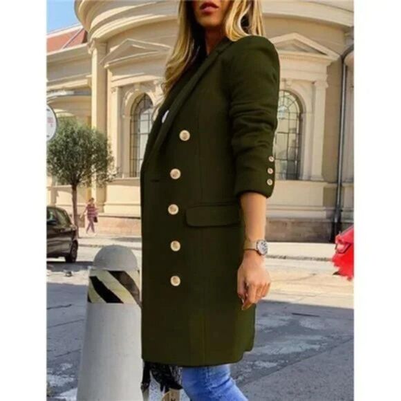 New Womens Winter Wool Coats Double Breasted Green Warm Long Coat - Picture 2 of 4